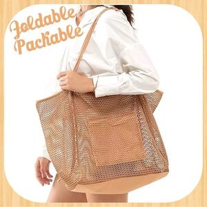 MESH BEACH TOTE-LARGE SHOULDER BAG-SHOPPER WITH INSIDE POCKET LIGHT BROWN WOVEN